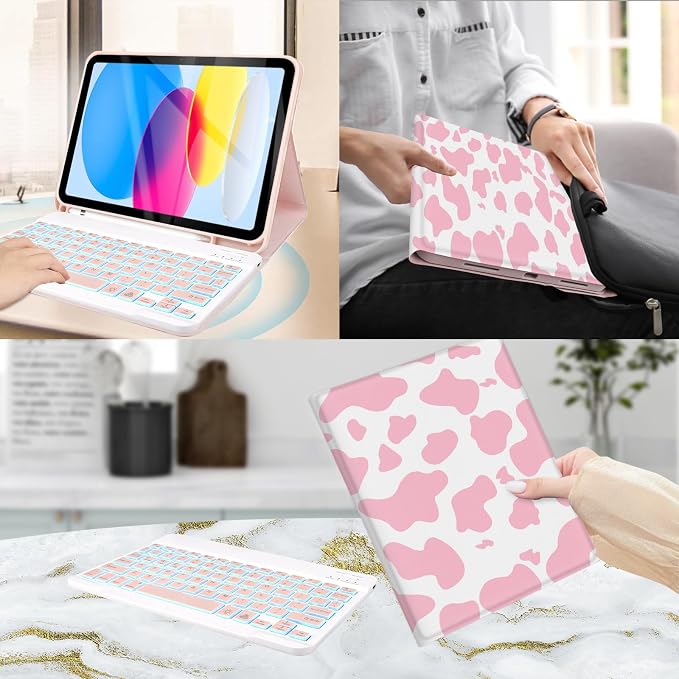 for Bluetooth Keyboard for iPad 10th Gen 10.9 inch (2022) case (A16) 11th / 10th Gen Case 11'' (2025) with 7-Color Backlights Pencil Holder Detachable Rechargeable - Black Cow