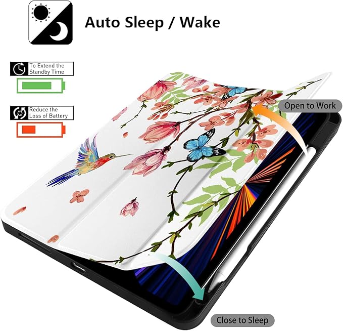 MEEgoodo for iPad Pro M2 12.9 Case 6th/5th/4th/3rd Generation 2022 2021 2020 2018 with Pencil Holder Tablet Cover with Soft TPU Back Shell Art Painted Flowers