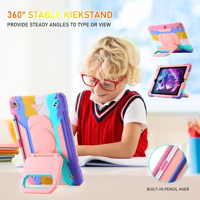 for iPad 9th/8th/7th Generation Case iPad 10.2 Case 2021/2020/2019 Rugged Heavy Duty Shockproof Protective Kids Case with Screen Protector/360° Rotating Folding Stand/Pencil Holder/Shoulder Strap