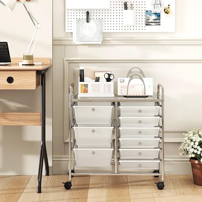 COSTWAY Rolling Storage Cart with 9 Drawer, Mobile Utility Cart with Metal Frame, Art Supply Craft Organizer, Multipurpose Storage Organizer for Paper, Office, School Teacher, Classroom, Transparent