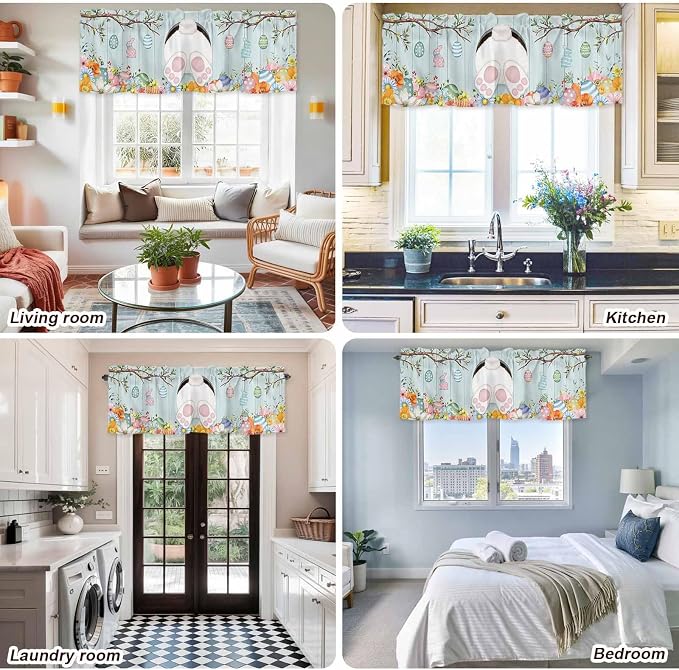 Easter Bunny Curtain Valances for Windows, Kitchen Valance Window Treatment