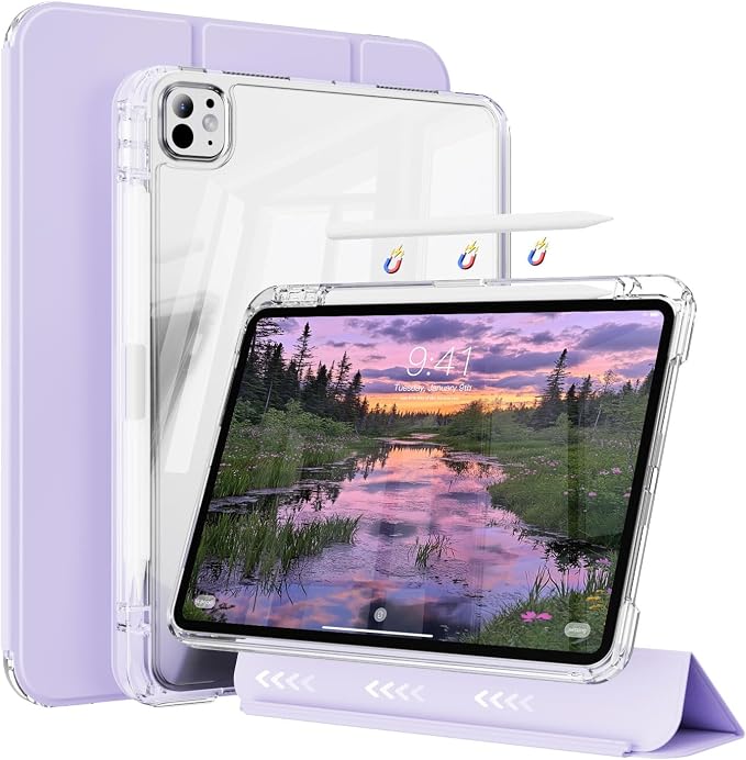 Hybrid Case for iPad Pro 11 Inch 4th/3rd/2nd Generation (2022/2021/2020) with Pencil Holder 2 in 1 Detachable Cover with Clear Transparent Back Shell Support 2nd Gen Pencil Charging Black