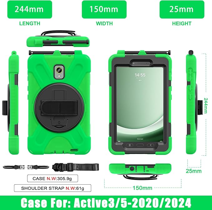 Samsung Galaxy Tab Active5/Active 3 8.0 Case with 360 Stand Handle Hand Strap &amp Shoulder Strap for Galaxy Tab Active5 8 2024 X300/X307 Active3 8 2020 T570/T575/T577 (Black)