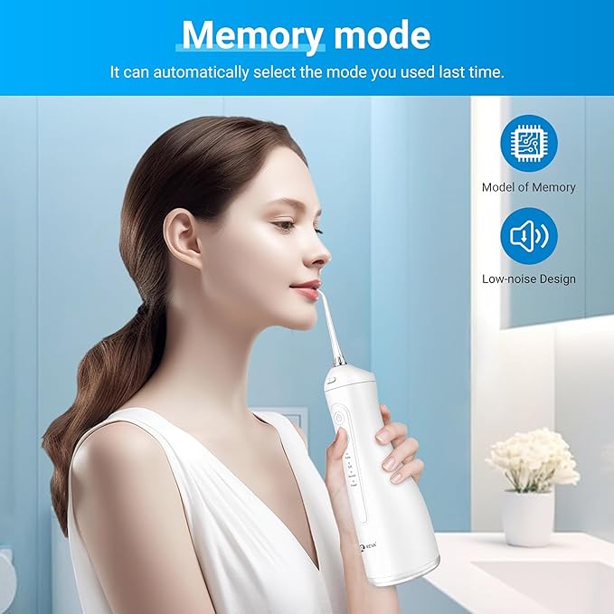 R REVA Portable Water Flosser for Teeth - 4 Modes Cordless Oral Irrigator with 300ML Tank, 360° Rotating Nozzle, 4 Jet Tips, Rechargeable, IPX7 Waterproof, Low Noise Gravity Ball Design (M159 - White)