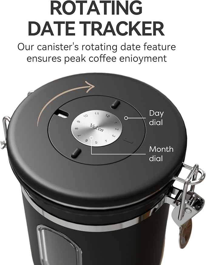 Veken Coffee Canister with Window, Airtight Stainless Steel Kitchen Food Storage Container with Lids, Date Tracker and Scoop for Grounds Coffee, Beans, Tea, Flour, Cereal, Sugar Jars, 16OZ, Black