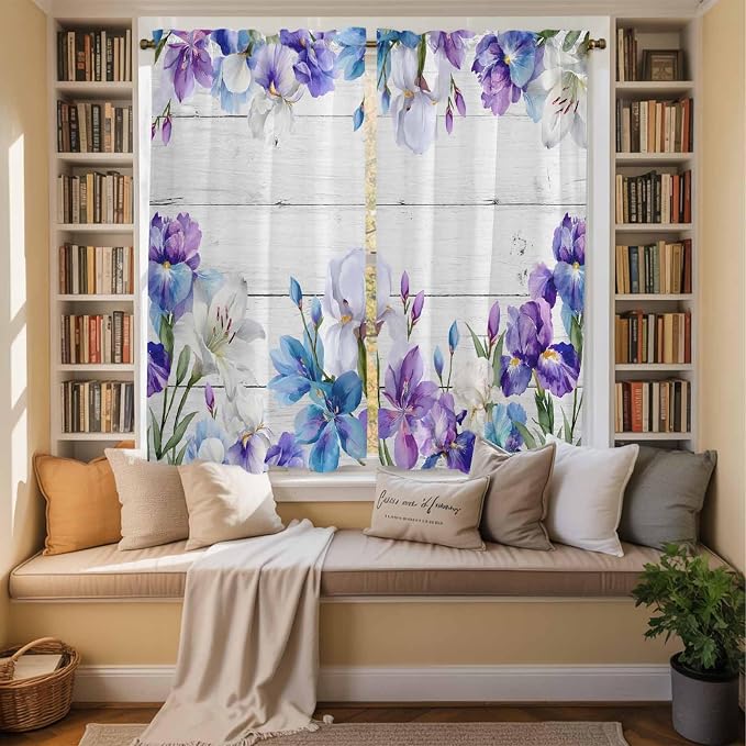 Spring Flowers Kitchen Curtains, Watercolor Garden Florals Wooden Grain Light
