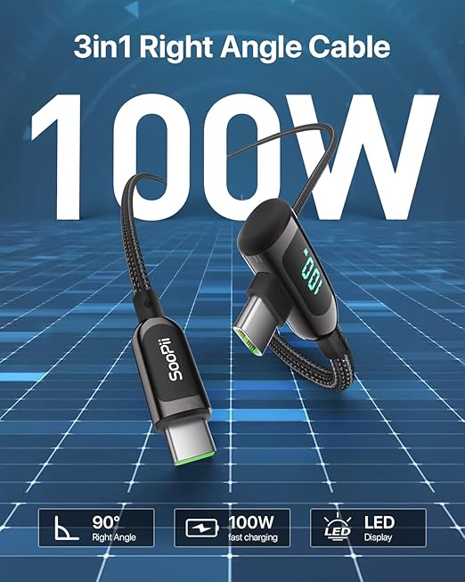 SOOPII 100W Right Angle USB C to USB C Cable2-Pack 1FT Zinc Alloy Case Nylon Braided Type-C Cable with LED Display for lPad Mini/Air/ProMacBook ProSamsung S23/S22/S10PixelLG(0.3mBlack)
