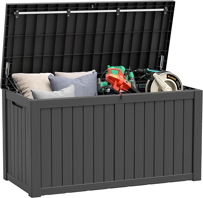 150 Gallon Resin Deck Boxes Waterproof, Outdoor Storage Box Lockable Lid for Delivery Box, Indoor, Garden Tools, Pool Supplies, Patio, Black