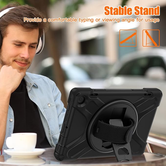 Rugged Case for Amazon-Kindle-Fire-HD-8 &amp 8 Plus Tablet (12th Generation 2022) 8“ w/ 360° Rotating Hands-Free Kickstand Full Body Armor Heavy Duty Shock-Proof Cover w/Hand/Shoulder Strap(Black)