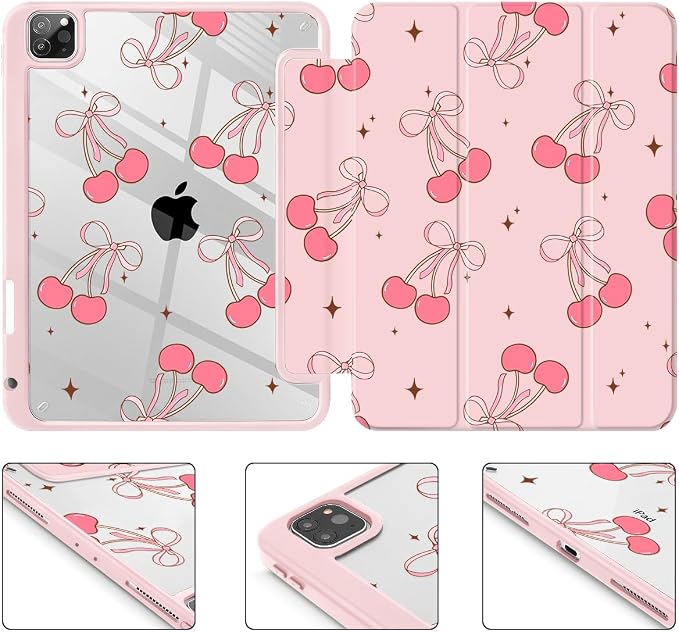 May Chen Case for iPad 12.9 Inch (6th/5th/4th/3rd Generation 2022/2021/2020/2018) Pencel Holder + Trifold Support Auto Sleep/Wake Transparent Shockproof Back Cover Blue Bows
