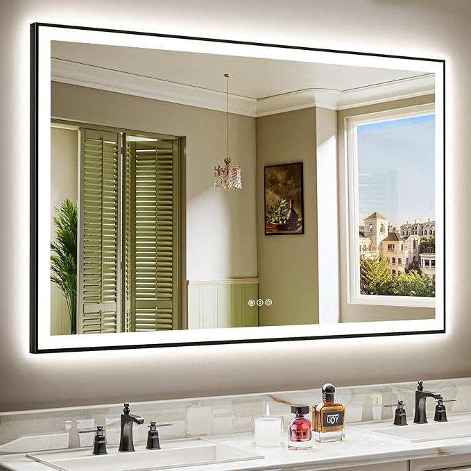 YEELAIT 57x36 Inch LED Bathroom Mirror with Lights (Front Lit and Backlit) Black Framed Lighted Vanity Mirror for Bathroom Wall Dimmable Anti-Fog Memory Tempered Glass Horizontal/Vertical