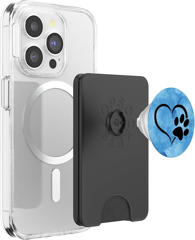 Black color Dog Paw Print Heart On Blue Ocean Watercolor PopSockets Adhesive PopGrip