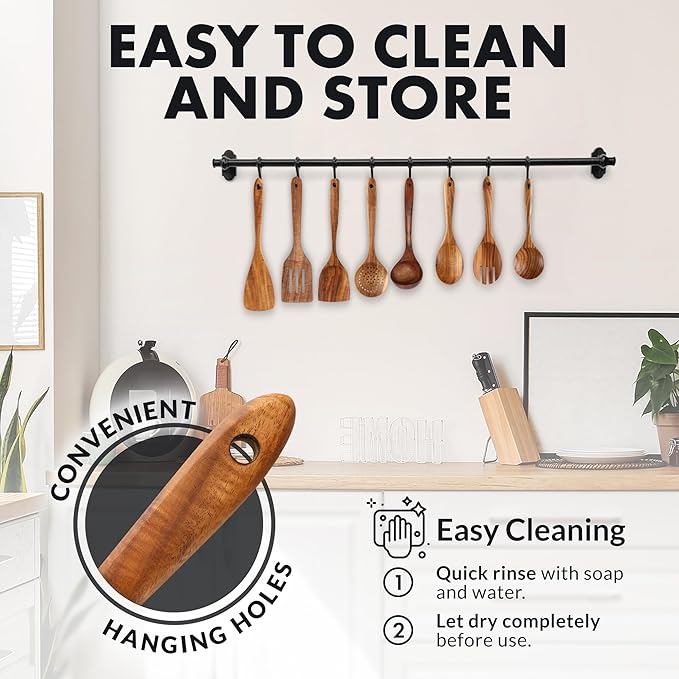 Zulay Kitchen Premium 8-Piece Wooden Spoons - Smooth Finish, Natural Teak Wood, Non-Stick, Handmade
