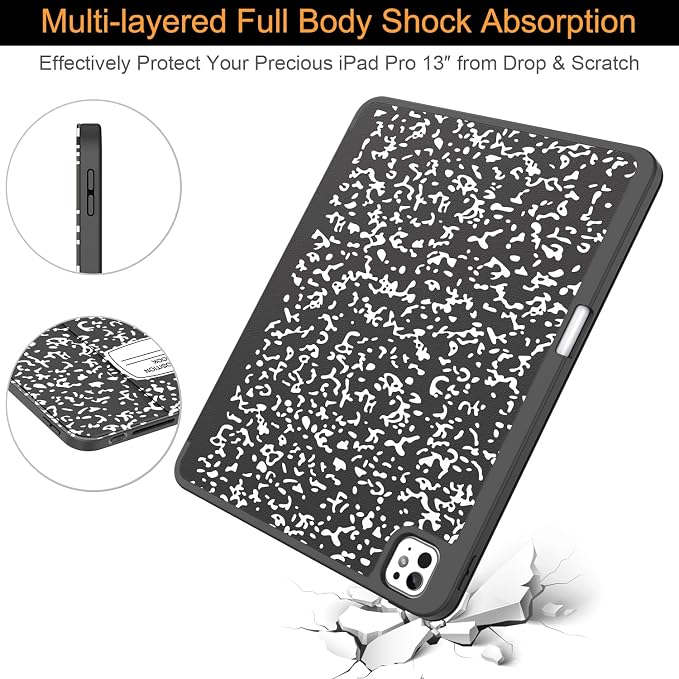 Soke Case for New iPad Pro 13 Inch (M5/M4 2025/2024 Release) with Pencil Holder Trifold Stand Shockproof [Support Apple Pencil Charging + Auto Wake/Sleep] Soft TPU Back Cover Book Black