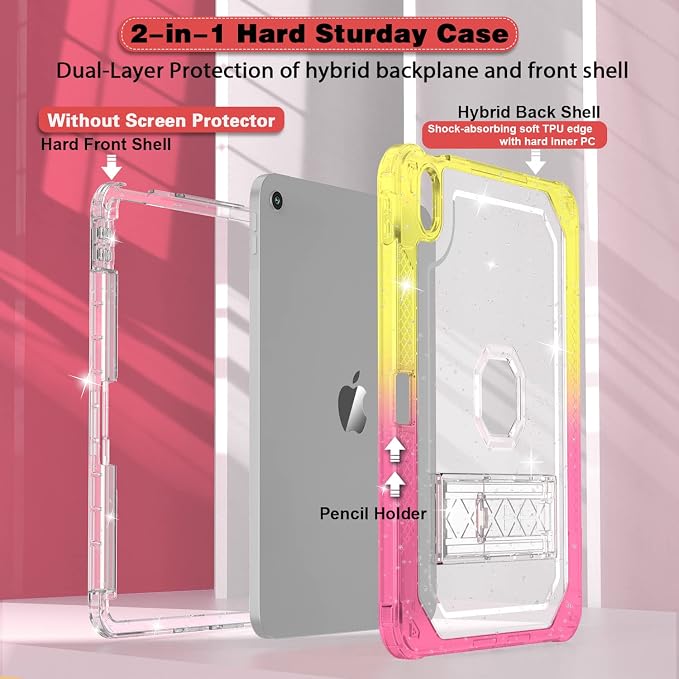 ZoneFoker Case for iPad 11-inch (A16) 2025 / iPad 10th Gen 10.9 inch 2022 Heavy Duty Shockproof Rugged Protective with Pencil Holder 11th / 10th Translucent Cover with Kickstand