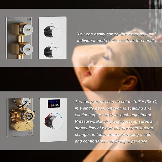 KATAIS Full Body Shower System Chrome Tempreature Display Shower Faucet Set with 12 inch and 8 inch Shower Head, with Handheld Spray and 6 PCS Body Jet