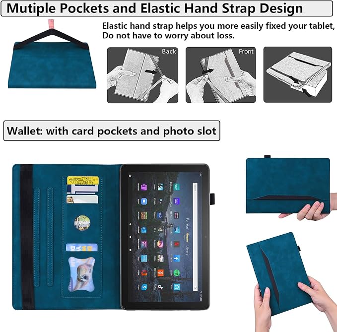 for Kindle Fire HD 8 Tablet (only Fits 10th Generation) &amp Fire HD 8 Plus 8 Case 2020 with Stand/Pencil Holder/Card Pocket/Elastic Band Embossed PU Leather Floral Cover Brown Peacock Flower
