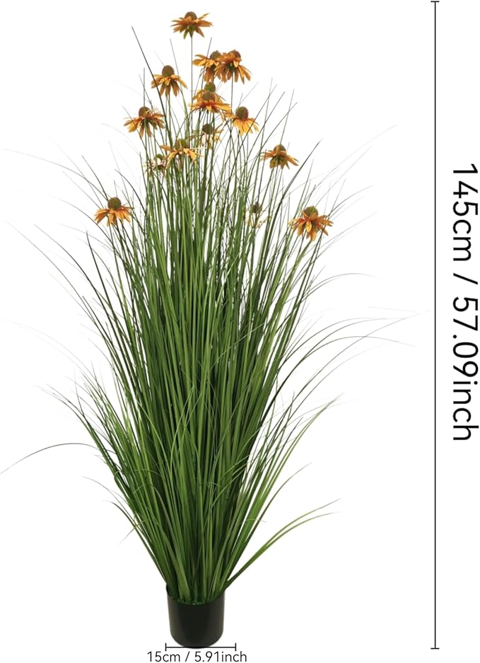 Artificial Grass Plant with Yellow Echinacea Flowers, 57 inches, Indoor/Outdoor Decor, Set of 2