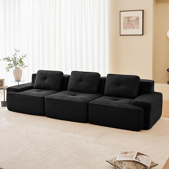 115" Modern Compressed Boneless Couch, 3 Seater Sectional Couches for Living Room, Black Corduroy Cloud Modular Sectional Sofa, Comfy Memory Foam, Extra Deep, Sofas para Sala, No Assembly