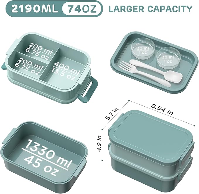 DaCool 2 Pack Adults Lunchbox Bento Box 74 OZ Stackable Lunch Box for Kids Adults Men Women Teens Leakproof Bento Large Lunch Box Container with Fork Spoon Sauce Box for School Work,Grey,Morandi-Green