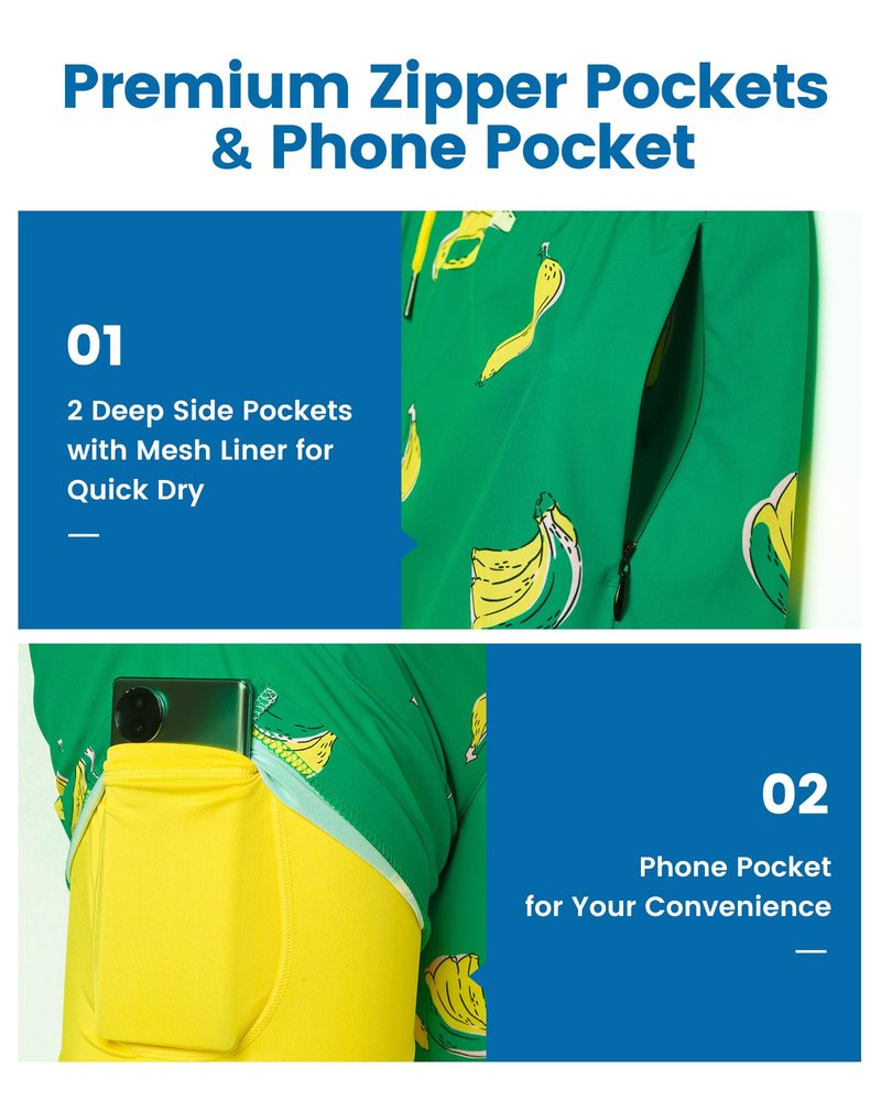 maamgic 2 in 1 Mens Swim Trunks 7 Inch Swim Shorts Swim Suits Board Shorts Falling Banana-Green Medium