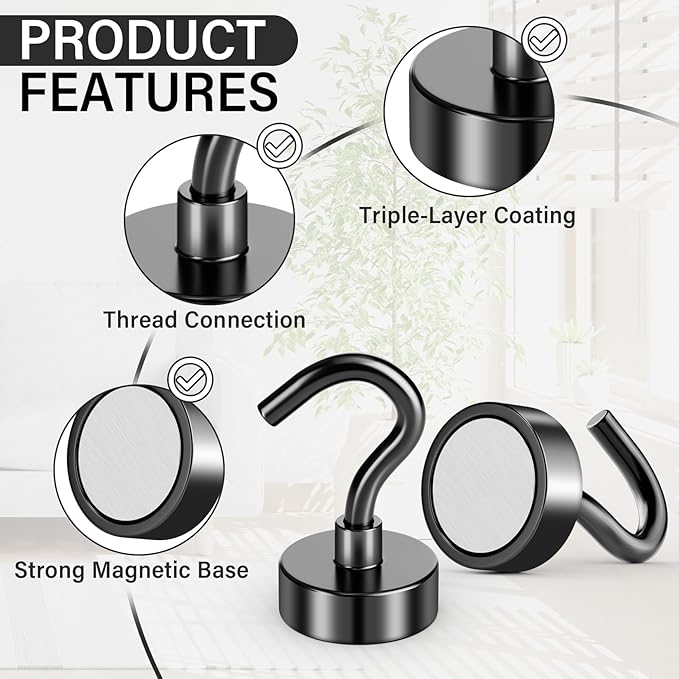 8 Pack Black Magnetic Hooks, 25 LB Neodymium Magnetic Hooks for Cruise Cabins, Strong Magnets with Hooks for Classroom, Mugs, Camper, Office, Kitchen, Metal Hooks for Cruise Ship Walls