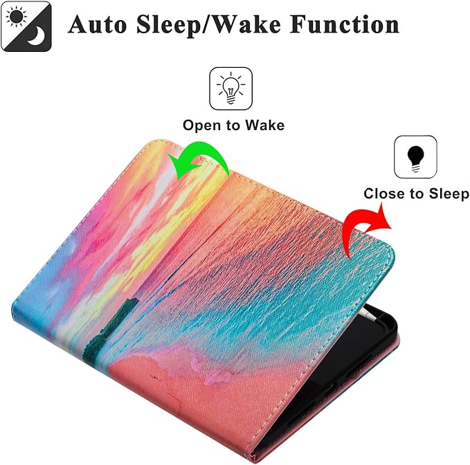 Case for iPad mini 7 A17 Pro &amp iPad mini 6 (2024/2021) Built-in Pencil Holder Premium PU Leather Folio Stand Smart Protective Cover Multi-Viewing Angles and Auto Wake/Sleep - Beach