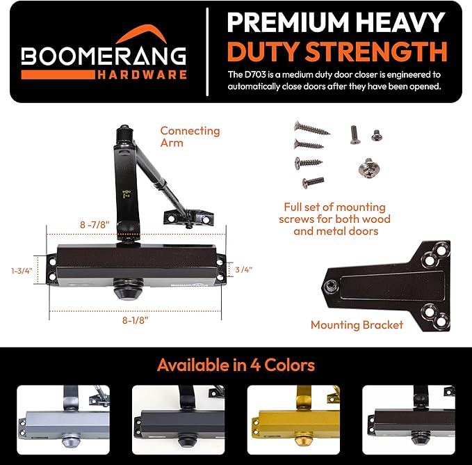 Boomerang Medium Duty Automatic Commercial Door Closer - D703 Hydraulic UL 3 hr. Fire Rated Closer, Surface-Mounted Size 3 for Home & Light Commercial Doors, Dark Bronze (US10B)