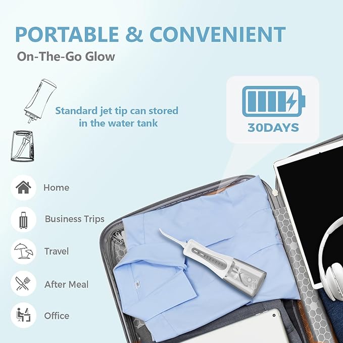 GOLDANT 350ML Water Flosser with Drainage & Storage Stand, Keeps Dry & Clean, 5 Modes, 360°Nozzle, Cordless Rechargeable, IPX7 Waterproof, Portable for Home & Travel (White)