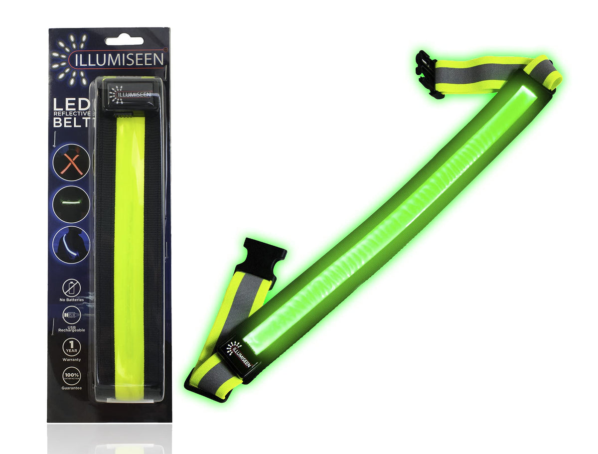 Illumiseen LED Reflective Belt Sash | High Visibility LED Lights with 2 Lighting Modes | Adjustable Quick Release Buckle | USB Rechargeable, No Batteries Needed