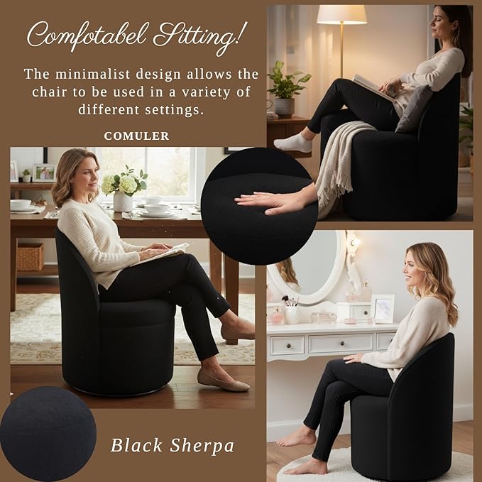 Modern Barrel Dining Chairs Set of 2, Swivel Base Black Sherpa Accent Chair 360°Rotating Mid-Century Dining Side Chair Kitchen Chair for Living Room, Bedroom, Home, Office, Kitchen