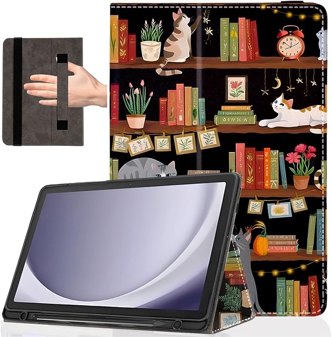 Case for Samsung Galaxy Tab A11+/A9+ Plus 5G 11 Inch 2025/2023 Model Premium PU Leather Slim Fit Smart Stand Cover with Auto Wake/SleepBookshelf Cat