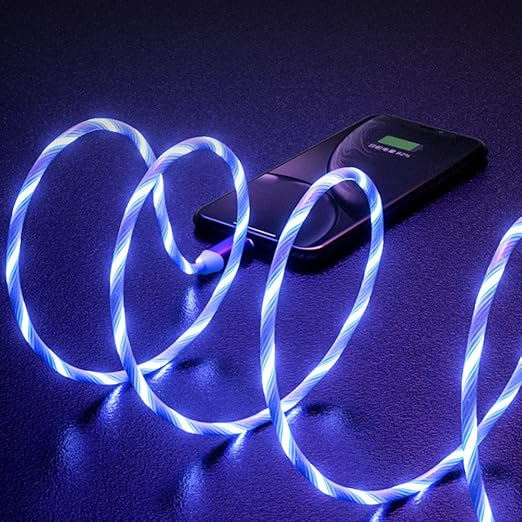 IHAO Multi Ports Light-Up USB Cable USBA to USBC/MicroUSB Cable Durable Fast Charging Cable with Visible Current Flow As Night Light Use-3in1 Blue