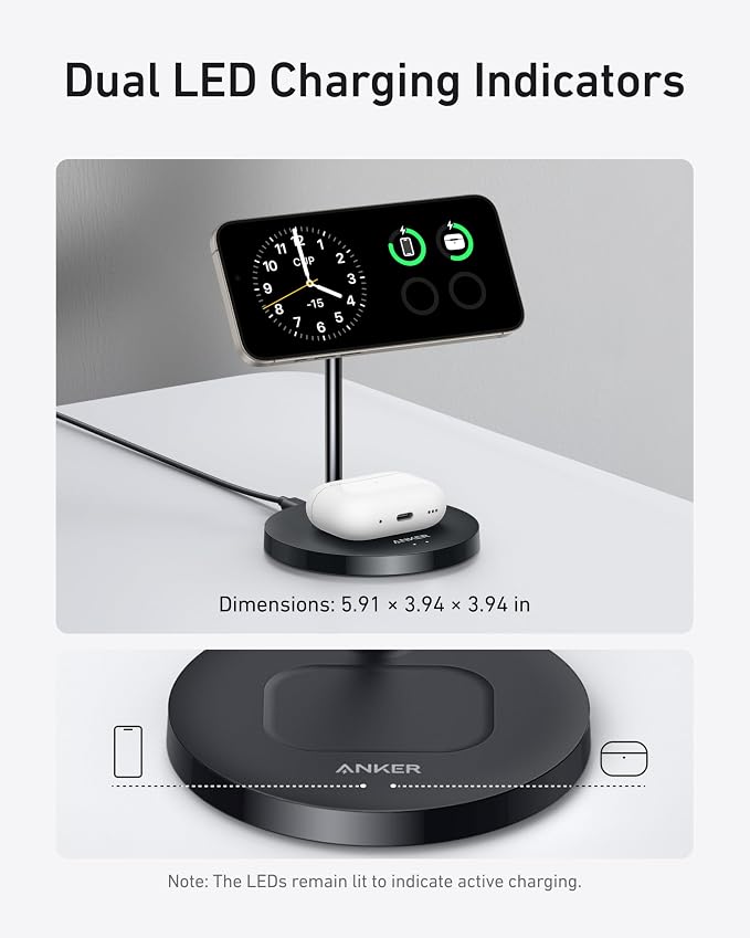 Anker MagGo 2-in-1 MagSafe Compatible Qi2 15W Wireless Charging Stand | Qi2 Certified Fast Charging Wireless Charger for iPhone 17 AirPods Pro and More (Black 40W Adapter Included)