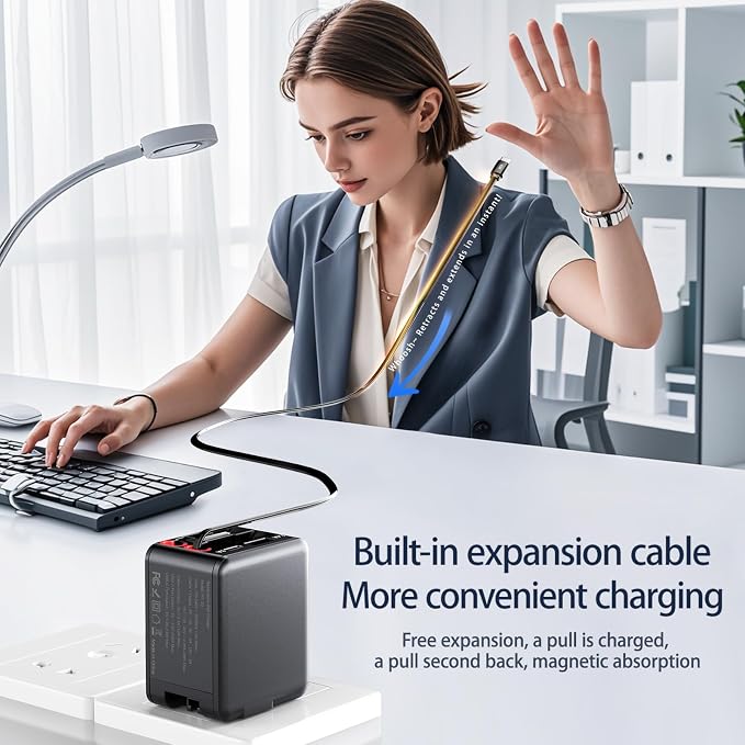 4-in-1 Retractable wall Charger with PD Fast Charging Featuring Dual USB Ports Lightning and Type-C Data Cables a Foldable Four-Port Plug and a GaN Adapter.