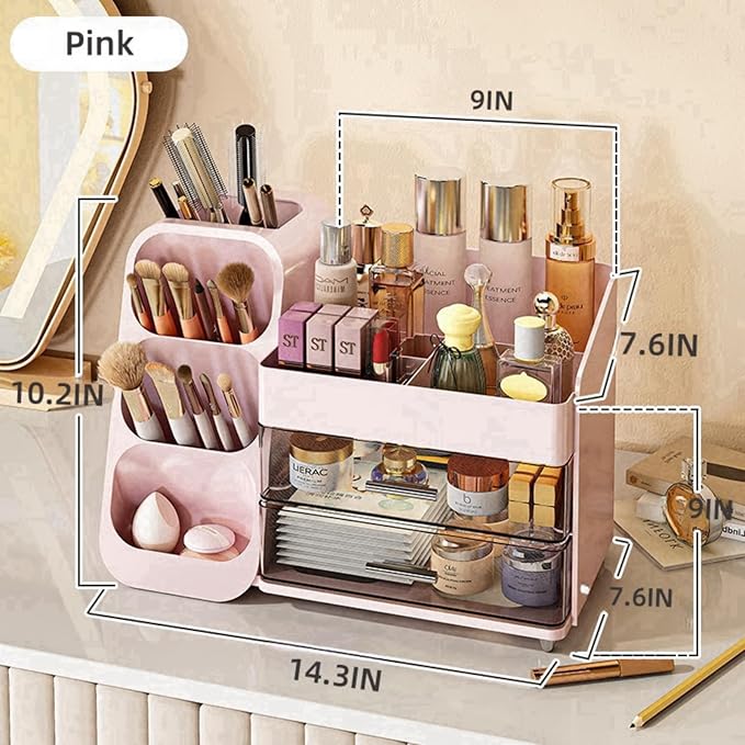 Makeup Organizer with Drawers for Vanity,Spacious Cosmetic Display Case,Perfect Storage Solution for Your Beauty Essential (Pink)