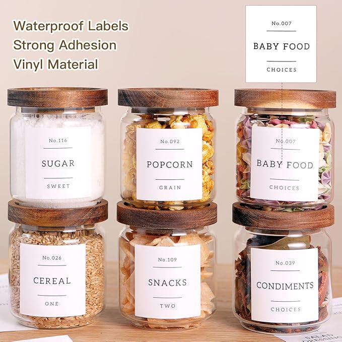6 Set Glass Pantry Storage Jars with Acacia Airtight Lid - 15oz Thicken Glass Kitchen Canisters with 132 Pantry Labels - Clear Glass Food Storage Containers with Wood Lid for Tea,Sugar,Spice,herbs