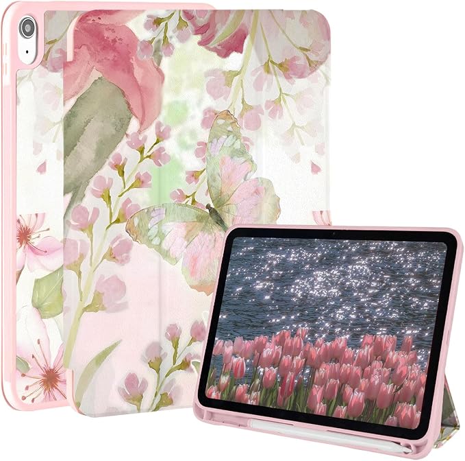 Case for iPad 9th/ 8th/ 7th Generation Case 10.2&amp10.5 Inch (2021/2020/2019 Release) Slim Lightweight Soft Trifold Back Cover with Pencil Holder &amp Auto Sleep/Wake Cover Cherries Cheetah Bows