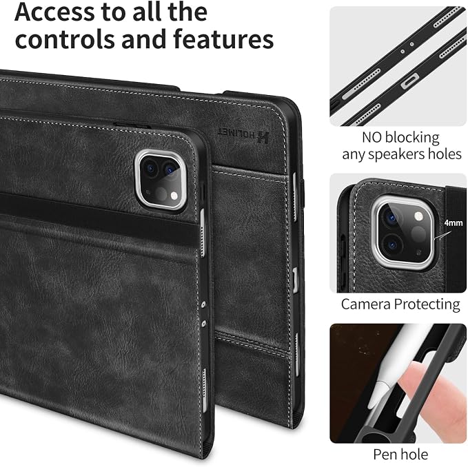 Case for iPad Pro 13 inch Case M5 2025/M4 2024 with Pencil Holder | Supports Pencil Pro/Pencil Auto Sleep/Wake Function Vegan Leather Smart Stand Cover (Black)
