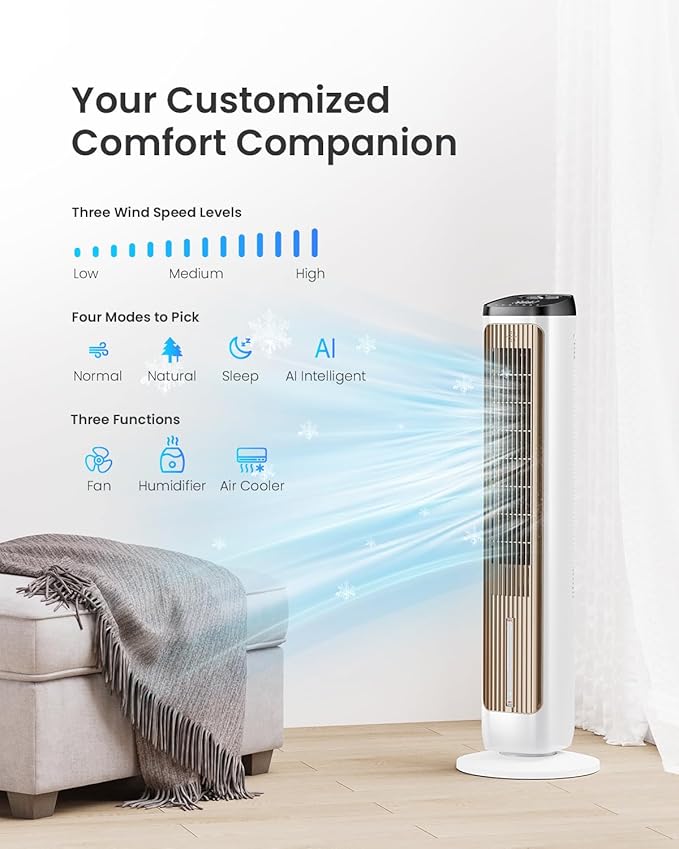 PNTCK Tower Fans with Ice Packs, 12H Timer, 4 Modes, 3 Speeds, 20FT Remote, 80° Oscillating, 36” Portable Evaporative Air Cooler with Remote Control, Platinum Swamp Cooler for Bedroom, Living room