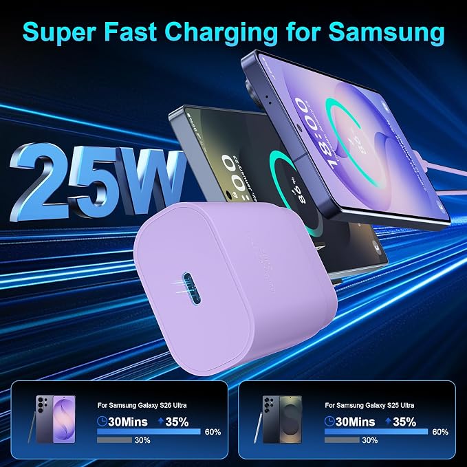 Super Fast Charger Type C 25W USB C Wall Charger Fast Charging for Samsung Galaxy S26 Ultra/S26/S26+/S25 Ultra/S25/24 Ultra/S24/S23 Ultra/S22 Ultra with 10FT Long Android Type C Charger Cable 2Pack