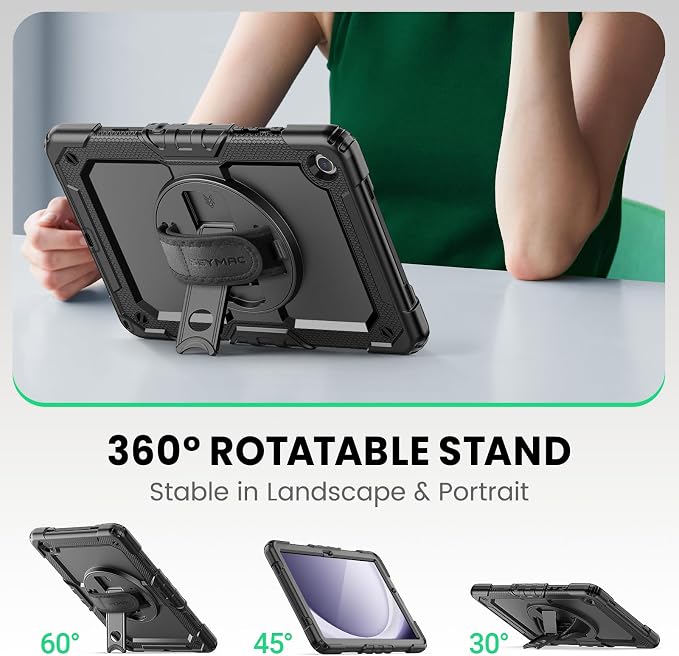 SEYMAC Case for Samsung Galaxy Tab A9+ Plus/A11+ Plus 11 Inch Full-body Shockproof Protective Case with Rotating Stand Screen Protector Hand/Shoulder Strap and Pen Holder Black | Heavy Duty Shockp