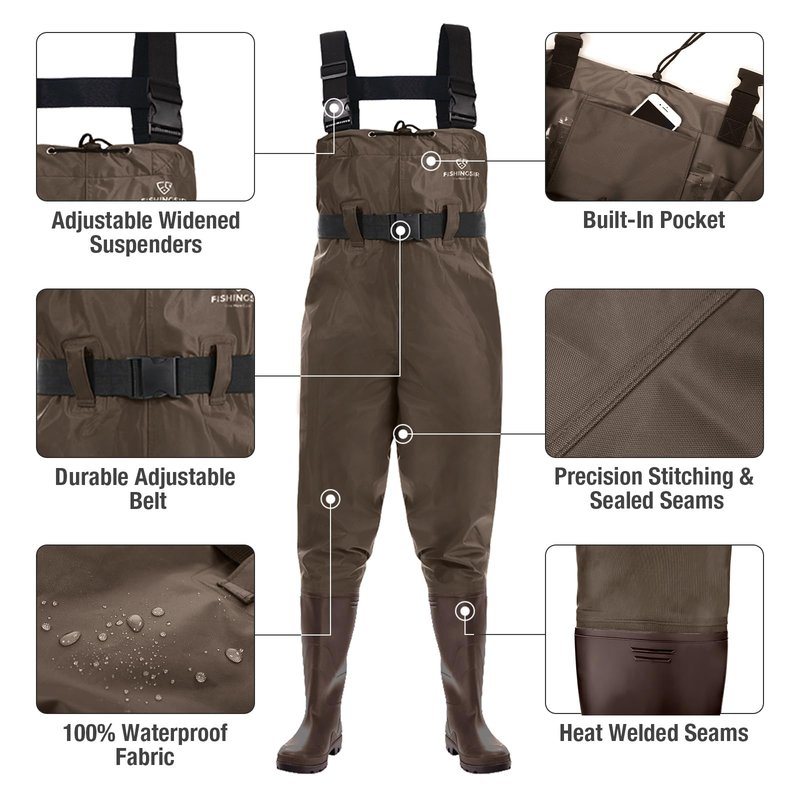 FISHINGSIR Fishing Waders for Men, 2-Ply Nylon/PVC Waterproof Women Chest Wader with Boots, Bootfoot Hunting Waders Brown