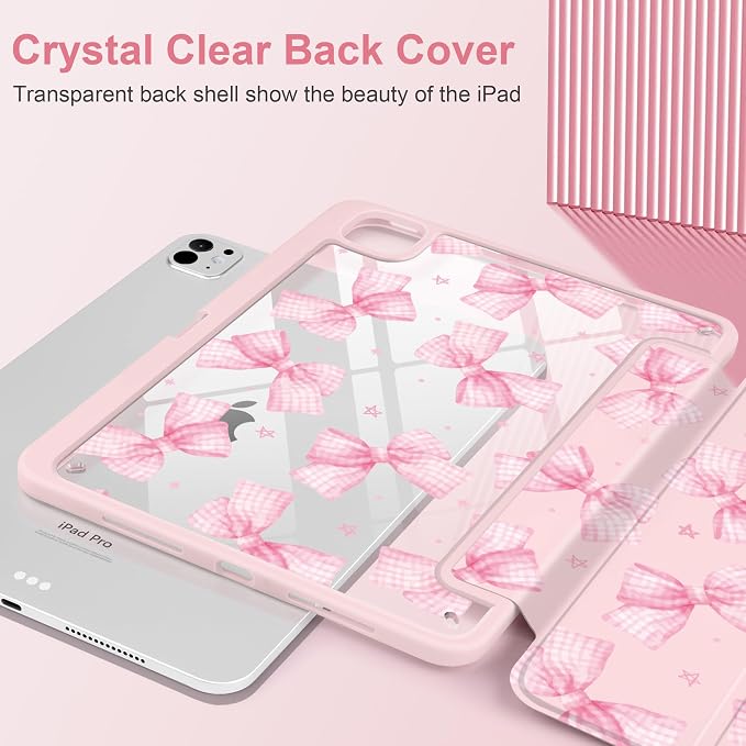 DONGKE for iPad Pro 11-Inch Case (M5 2025 / M4 2024) 6th/5th Generation [Auto Sleep/Wake &amp Pencil Pro Holder] Clear Acrylic Back Smart Trifold Stand Cover Bear &amp Cherry