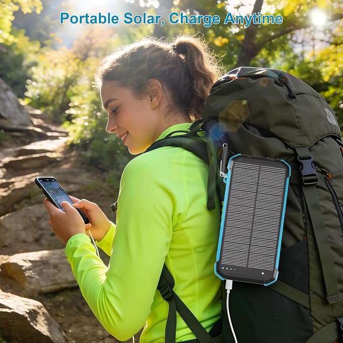 Solar Charger Power Bank 20000mAh Wireless Fast Charging Battery Pack with 3 Built-in Cables &amp USB-C Input Dual LED Flashlights Portable Phone Charger for Camping Travel &amp Emergency Use (B