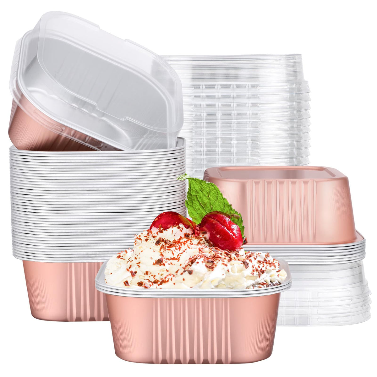 EUSOAR Creme Brulee Ramekins Disposable, 50pcs 10oz Cupcake Liners Foil Baking Cups with Lids, Aluminum Muffin Cups Square Dessert Wrappers Mini Cake Loaf Bread Pans for Wedding Birthday Party