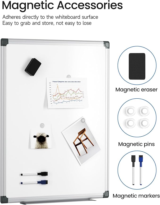 Magnetic White Board Hanging 24" x 18" for Wall, Dry Erase Board with Eraser, Markers, Magnets, Pen Tray, Silver Aluminum Frame for Home, Office, Students