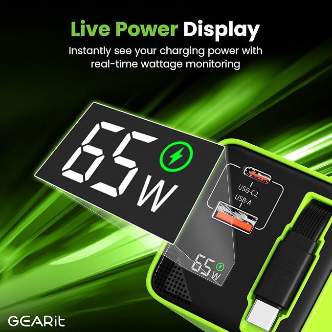GEARit 65W GaN Charger Retractable USB C Cable + 2 Ports Digital Display | Retractable USB-C wall charger for iPhone Samsung Galaxy Watch earbuds. Foldable plug GaN fast charge wattage display
