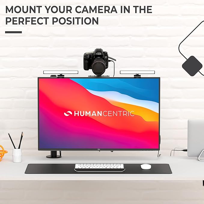 HumanCentric DSLR Monitor Mount Small, Desk Camera Mounting, Light Webcam, Microphone Shelf for Monitor VESA Arm, Replace Clamp Tripods, 100x100mm Patterns, Aluminum, Hardware Included