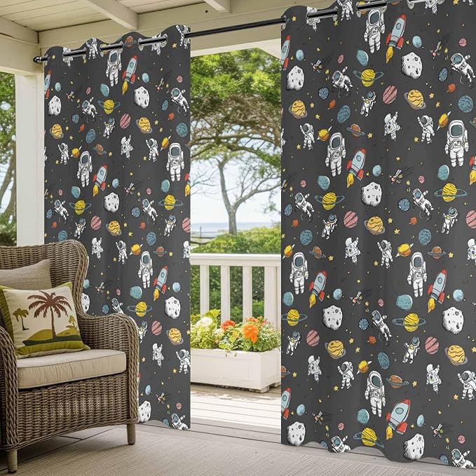 Cartoon Space Outdoor Curtains for Patio Rockets Planets Astronauts Gray
